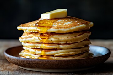 Poster - Delicious stack of fluffy pancakes with butter and syrup served on a rustic wooden table