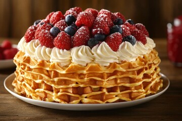 Poster - Delicious waffle cake topped with fresh berries and whipped cream served on a rustic wooden table