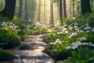 Poster - Sunlight filtering through trees over a tranquil stream with blooming flowers in a lush forest during springtime