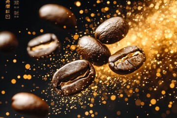 Poster - Coffee beans dancing in golden light create a captivating and artistic experience