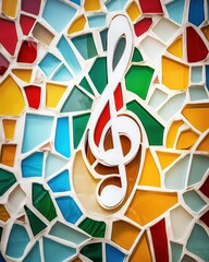 Poster - Colorful mosaic design featuring a treble clef symbol with vibrant stained glass effect. The background has geometric fragments in various colors