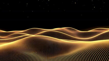 Poster - Digital golden wave particles flowing smoothly across black backdrop, glowing yellow dots generating mesmerizing abstract motion graphic design