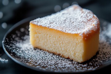 Aufkleber - Delicious slice of creamy cake dusted with powdered sugar on a black plate ready to be enjoyed