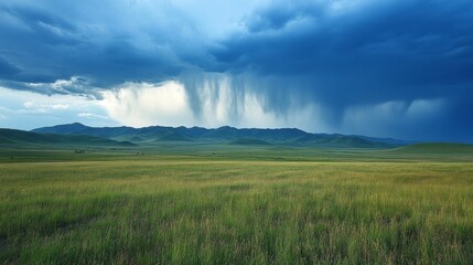 Poster - Clouds gather ominously above the sprawling high mountain plateau, unleashing a torrent of heavy rain that dances across the verdant landscape. The greens shimmer as nature awakens
