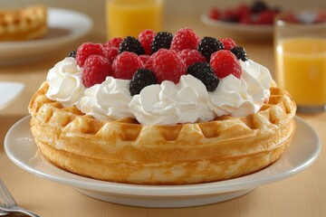 Poster - Delicious waffle topped with whipped cream and fresh berries served with juice in a cozy cafe setting