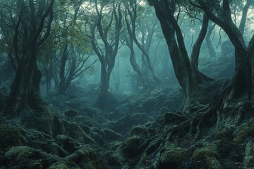 Poster - Mysterious forest with twisted trees and dense fog during early morning light in a secluded wilderness