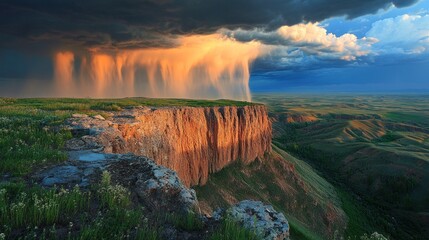 Poster - Heavy rain pours from dark clouds above a stunning high mountain plateau, illuminating the terrain as golden sunlight filters through, creating a surreal and captivating atmosphere