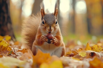 Poster - Squirrel forages for acorn among colorful autumn leaves in a tranquil forest setting