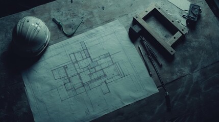 Poster - Architectural blueprints spread out on a wooden table, with a safety helmet and a laser measuring device.