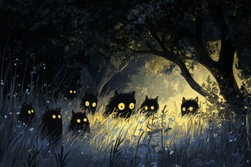 Poster - Gathering of mysterious creatures in a moonlit forest at night