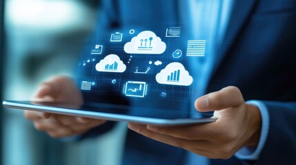 Poster - A close-up of a digital tablet showing cloud-based business applications and data analytics.