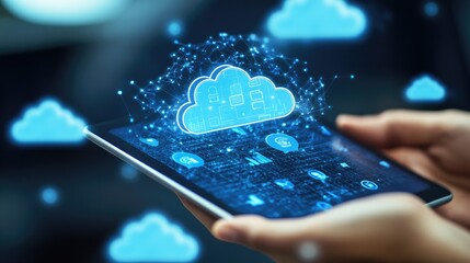 Poster - A close-up of a digital tablet showing cloud-based business applications and data analytics.