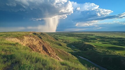 Aufkleber - Deeply contrasting elements unfold as heavy rain pours over a majestic high mountain plateau. Lush greenery below thrives, while dark clouds loom ominously in the sky