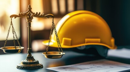 Poster - A close-up of construction planning tools, including a yellow helmet, blueprints, and an engineering scale.