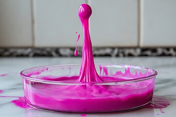 Aufkleber - Vibrant pink paint creates a striking splash in a glass dish on a marble countertop during a creative art session