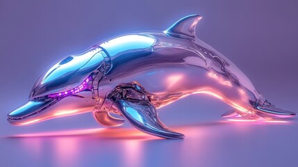 Poster - A cybernetic dolphin with sleek silver plating, pulsating neon purple LED fins, on a pastel blue background