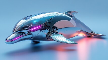Poster - A cybernetic dolphin with sleek silver plating, pulsating neon purple LED fins, on a pastel blue background