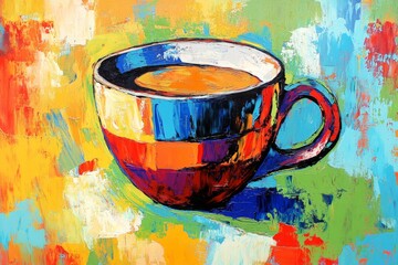 Poster - Brightly colored coffee cup displayed against a vibrant abstract background featuring bold strokes and patterns