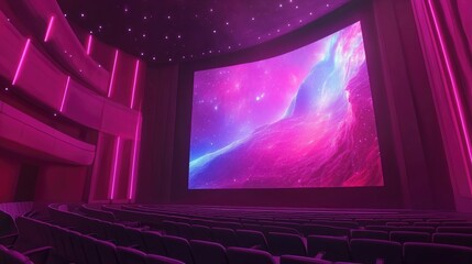 Poster - A digital futuristic concept of a cinema screen displaying holographic movie visuals in an empty theater.