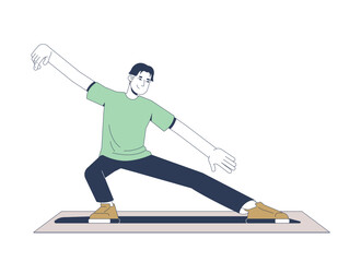 Poster - Asian man practicing tai chi for flexibility 2D vector illustration. Qigong martial arts. Mindful guy stretching yoga pose on mat flat character isolated on white background. Colorful cartoon image