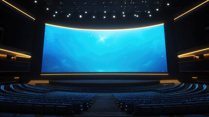 Poster - A digital mockup of a large curved cinema screen in an ultra-modern theater setting.