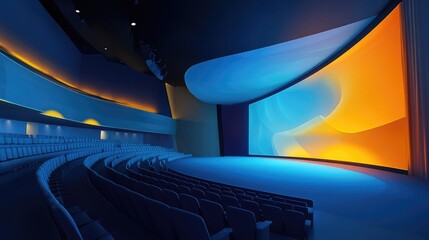 Poster - A digital mockup of a large curved cinema screen in an ultra-modern theater setting.