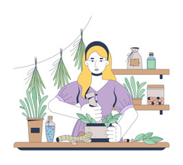 Poster - Herbalist preparing natural remedies 2D vector illustration. Herbal medicine. Homeopathy naturopath woman with mortar pestle flat character isolated on white background. Colorful cartoon image