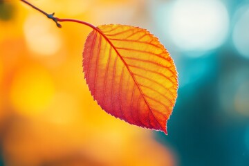 Poster - Colorful autumn leaf illuminates with vibrant hues against a soft background in nature during the fall season