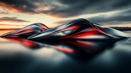 Poster - Abstract Metallic Sculptures Reflecting Sunset Over Tranquil Water Surface
