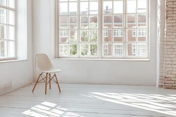 Aufkleber - Bright and minimalistic room with a white chair and large windows letting in natural light