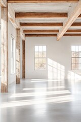 Poster - Vast empty loft showcases exposed wooden beams, concrete floors, and large windows. Natural light casts shadows, highlighting the industrial yet stylish atmosphere suitable for design showcases
