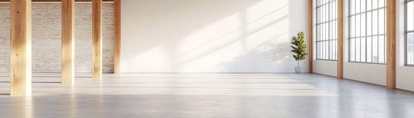 Poster - Spacious loft features exposed wooden beams and concrete floors, highlighted by large steel-framed windows casting shadows. Ideal setting for branding and creative projects
