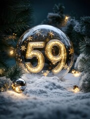 Poster - Glowing number fifty nine inside a glass sphere on snowy ground amongst festive decorations with fairy lights bokeh effects