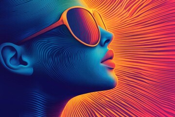 Leinwandbilder - Portrait of a woman in stylish sunglasses against a vibrant background with abstract lines and colors