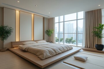 Aufkleber - Modern bedroom with large windows overlooking a city skyline during daylight hours