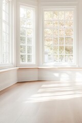 Poster - Natural light fills an empty room with light oak flooring and white walls. A large bay window features a cozy wooden seat, creating a warm and inviting atmosphere ideal for families