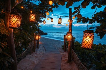 Poster - Walkway adorned with lanterns leading to the serene beach at dusk with a calm ocean view