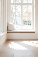 Poster - Natural light fills this empty room featuring a large bay window with a cozy wooden seat. The light oak flooring and white walls create a warm, family-friendly atmosphere