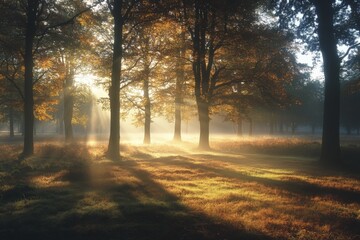Poster - Sunlight filters through trees in a tranquil forest at dawn, showcasing vibrant autumn colors and soft mist