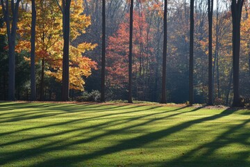 Poster - autumn foliage creates vibrant colors and long shadows in a peaceful wooded area during late afterno