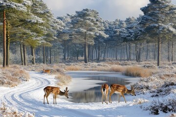 Poster - Deer graze along a snowy riverbank in a tranquil forest during a winter morning