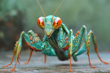 Poster - Vibrant green mantis showcasing intricate patterns and details in a natural environment during daylight