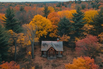 Poster - Charming wooden cabin nestled in vibrant autumn forest surrounded by colorful trees