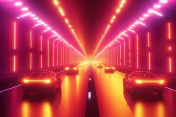 Poster - Bright neon tunnel with cars racing through illuminated passageway at night