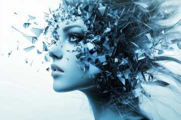 Poster - Conceptual artwork illustrates a woman's face made of fragmented shards in a serene, blue-toned setting, reflecting creativity and emotion