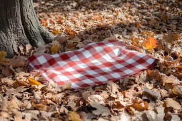 Poster - Checkered blanket on autumn leaves under a tree in a serene park setting