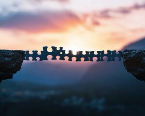 Poster - A detailed illustration of puzzle pieces forming a bridge between mountains