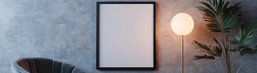 Poster - A sleek black frame hangs prominently on a charcoal-painted wall, surrounded by moody lighting. A luxurious velvet armchair and a modern floor lamp enhance the space's sophistication