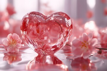 Poster - Beautiful heart-shaped crystal with pink flowers reflecting on a serene surface in a romantic setting