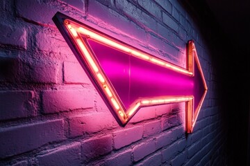 Poster - Neon arrow sign illuminates a dimly lit hallway with vibrant pink and purple hues